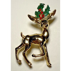 Vintage Signed Gerry's Reindeer and Holly Christmas Holiday Brooch J-3D